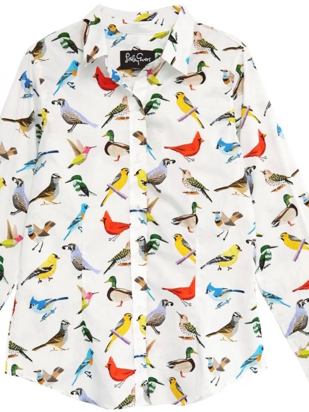 Lesley Evers Cotton Poplin button-down shirt in Bird Print - Picture 2 of 4